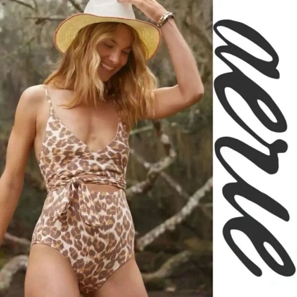Aerie One-Piece Full Coverage Animal Print Wrap Swimsuit size Small